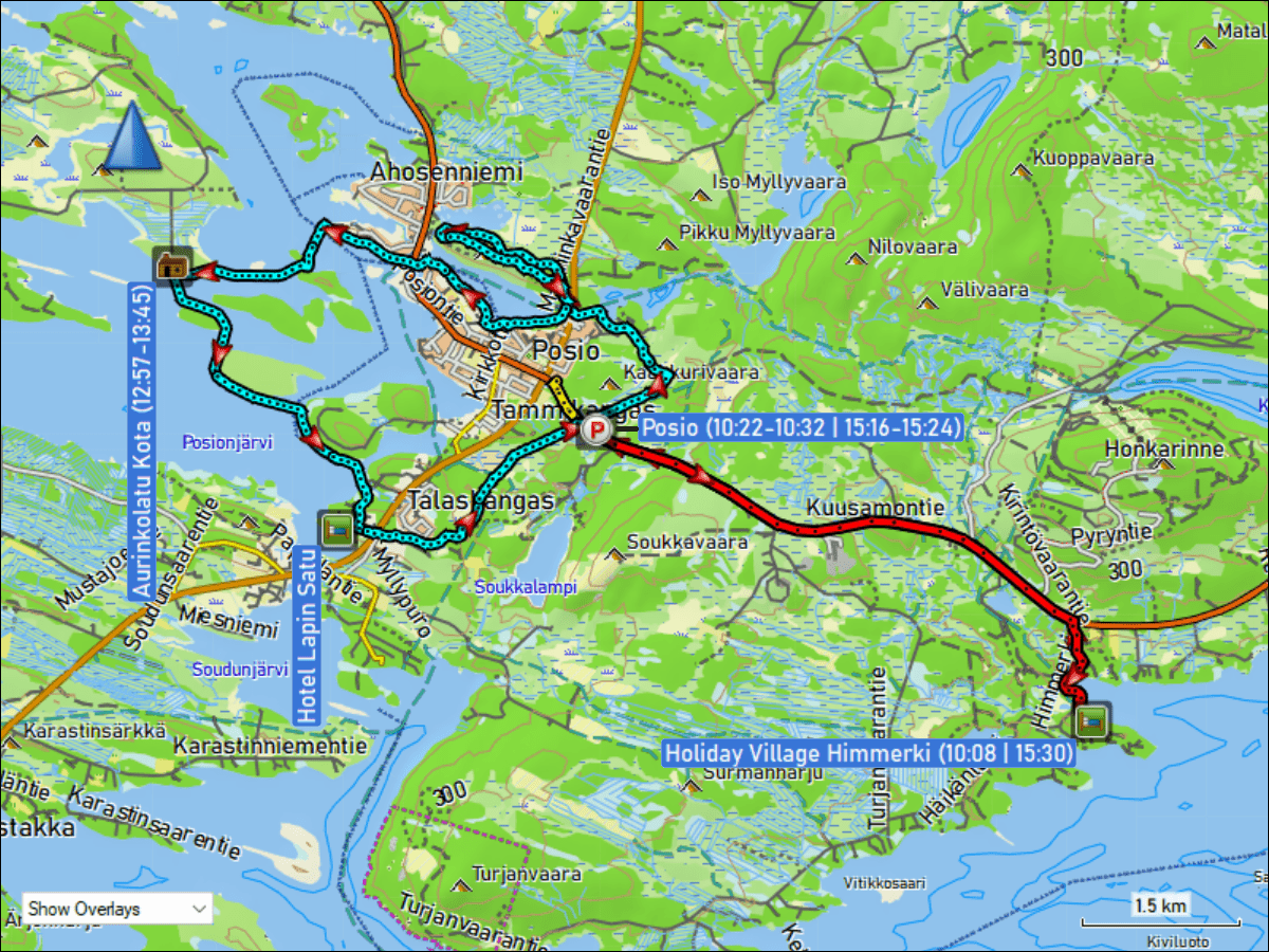wegstrecke fahrt vom holiday village himmerki zum parkplatz bei posio und zurueck sowie langlaufen ueber die loipen turjanvaaran aurinkolatu (teilstueck) & pentik-maeki - kirintoevaara latu (teilstueck) & kotivaaran latu & posionjaerven aurinkolatu (teilstueck) bei posio