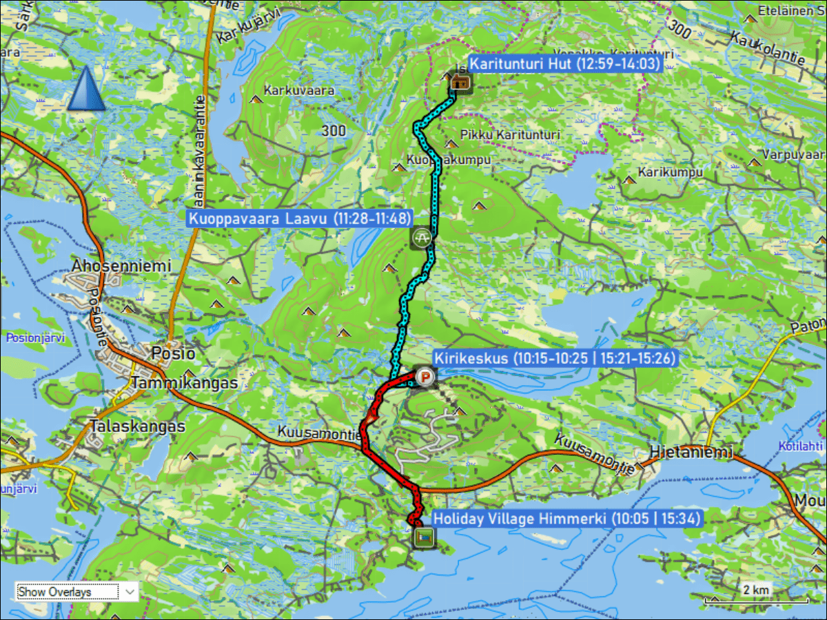 wegstrecke der fahrt vom holiday village himmerki zum parkplatz kirikeskus und zurueck sowie langlaufen ueber den karitunturin eraemaalatu bei posio