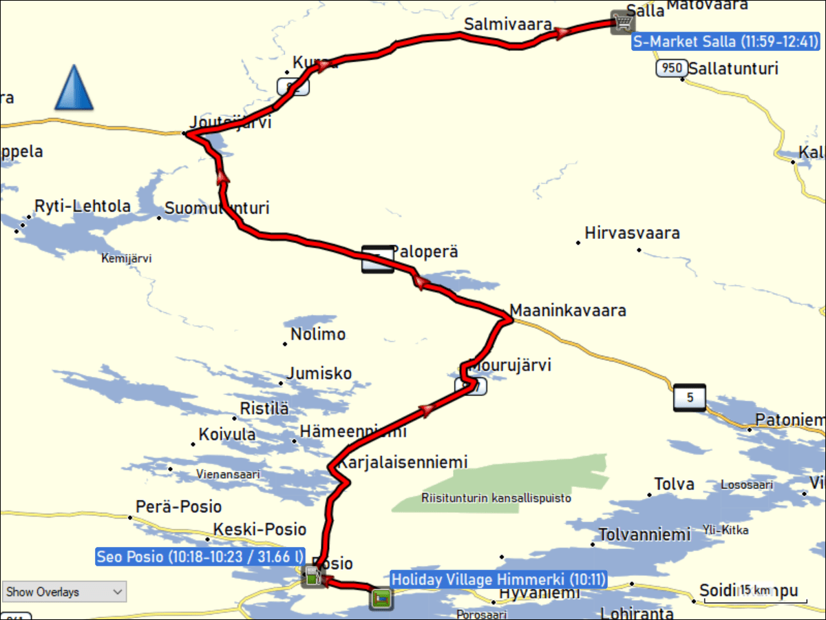 wegstrecke der fahrt vom holiday village himmerki bei posio zum s-market in salla
