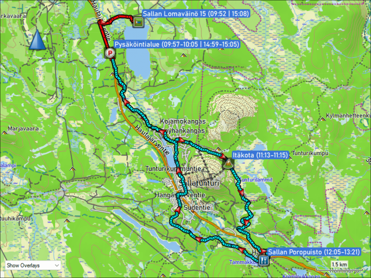wegstrecke der fahrt von der unterkunft sallan lomavaeinoe 15 bei salla zum parkplatz pysaekoeintialue zwischen salla und sallatunturi und zurueck sowie langlaufen ueber die loipen kalliojaerven lenkki (teilstueck) & tunturin ympaeri-latu & kaunisharjun latu & ruuhitunturi-poropuisto-sallatunturi (teilstueck) & hangasselaen lenkki (teilstueck) bei sallatunturi