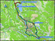 karte der fahrt von der unterkunft sallan lomavaeinoe 15 bei salla zum parkplatz pysaekoeintialue zwischen salla und sallatunturi und zurueck sowie langlaufen ueber die loipen kalliojaerven lenkki (teilstueck) & tunturin ympaeri-latu & kaunisharjun latu & ruuhitunturi-poropuisto-sallatunturi (teilstueck) & hangasselaen lenkki (teilstueck) bei sallatunturi plus hoehenprofil langlaufen