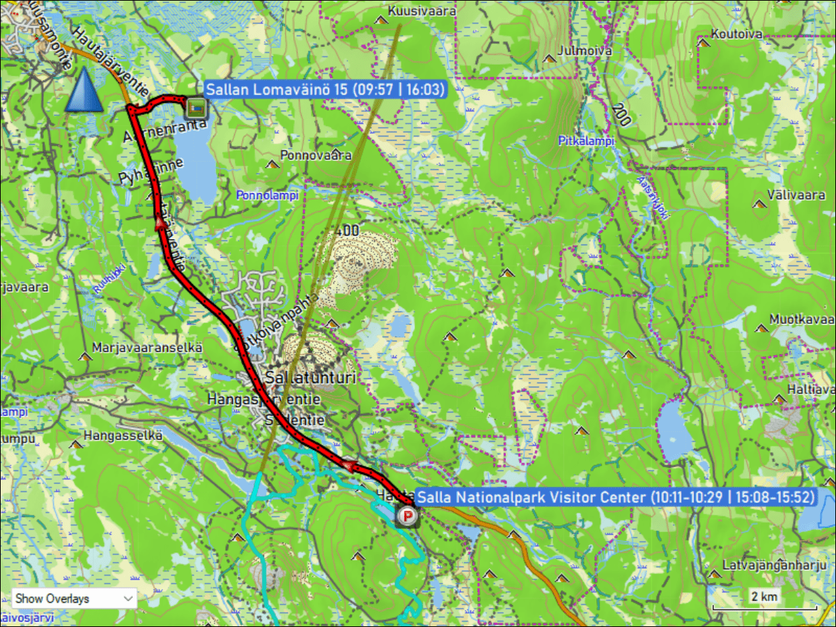 wegstrecke der fahrt von der unterkunft sallan lomavaeinoe 15 bei salla zum parkplatz beim besucherzentrum des salla nationalparks und zurueck