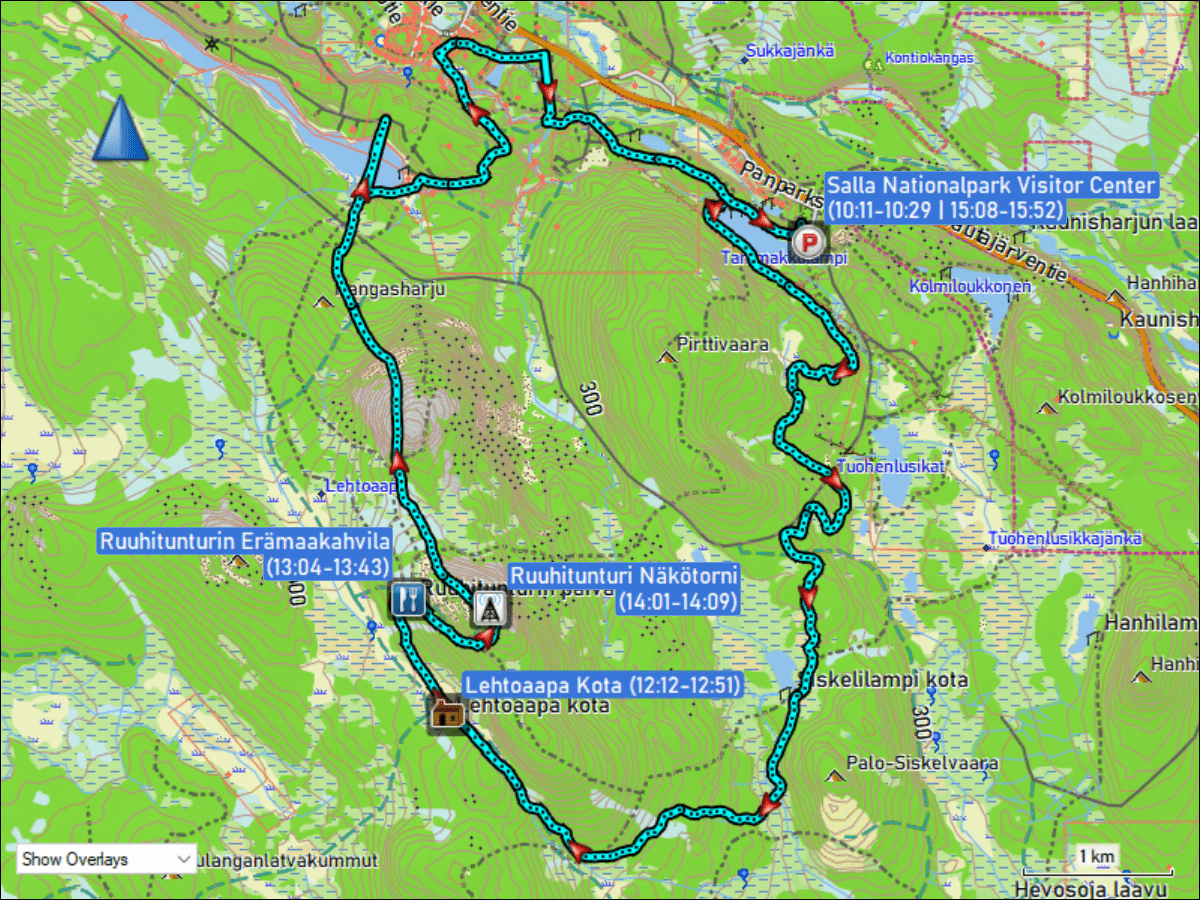 wegstrecke langlaufen ueber die loipen ruuhitunturi-poropuisto-sallatunturi & ruuhitunturin latu (teilstueck) & hangasselaen lenkki (teilstueck) bei sallatunturi