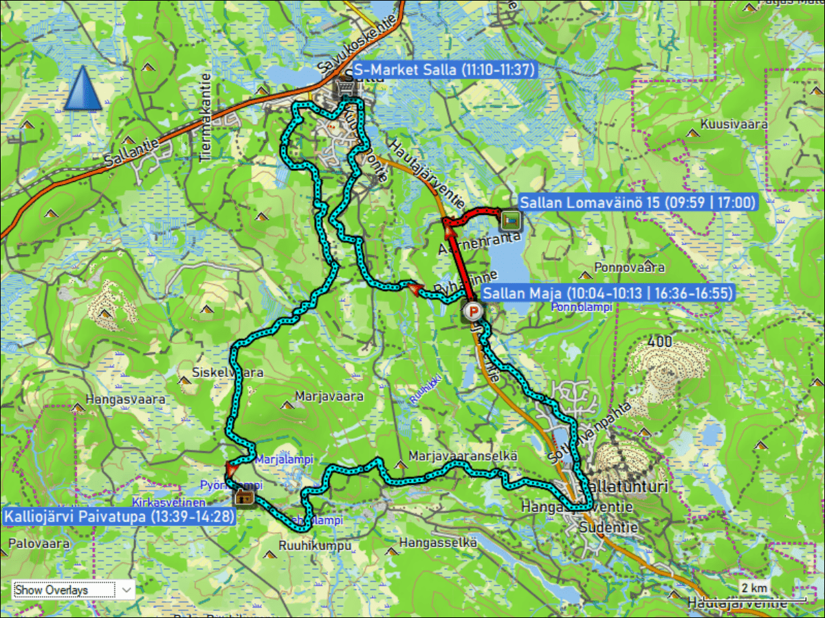 wegstrecke der fahrt von der unterkunft sallan lomavaeinoe 15 bei salla zum parkplatz beim restaurant sallan maja zwischen salla und sallatunturi und zurueck sowie langlaufen ueber die loipen kalliojaerven lenkki & tampio-petaejaemaa-ratiskaviita yhdyslatu (teilstueck) & hangasselaen lenkki (teilstueck) bei salla und sallatunturi