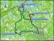 karte der fahrt von der unterkunft sallan lomavaeinoe 15 bei salla zum parkplatz beim restaurant sallan maja zwischen salla und sallatunturi und zurueck sowie langlaufen ueber die loipen kalliojaerven lenkki & tampio-petaejaemaa-ratiskaviita yhdyslatu (teilstueck) & hangasselaen lenkki (teilstueck) bei salla und sallatunturi plus hoehenprofil langlaufen
