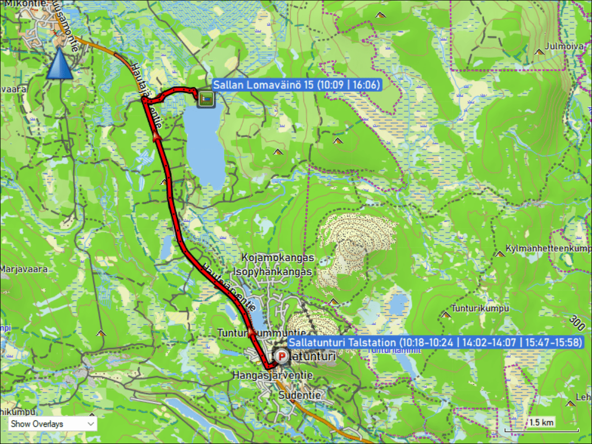 wegstrecke der fahrt von der unterkunft sallan lomavaeinoe 15 bei salla zum parkplatz bei der talstation sallatunturi und zurueck