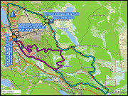 karte der fahrt von der unterkunft sallan lomavaeinoe 15 bei salla zum parkplatz bei der talstation sallatunturi und zurueck sowie karte langlaufen ueber die loipen kaunisharjun latu (teilstuecke) & tunturin ympaeri-latu (teilstueck) bei sallatunturi plus hoehenprofile langlaufen