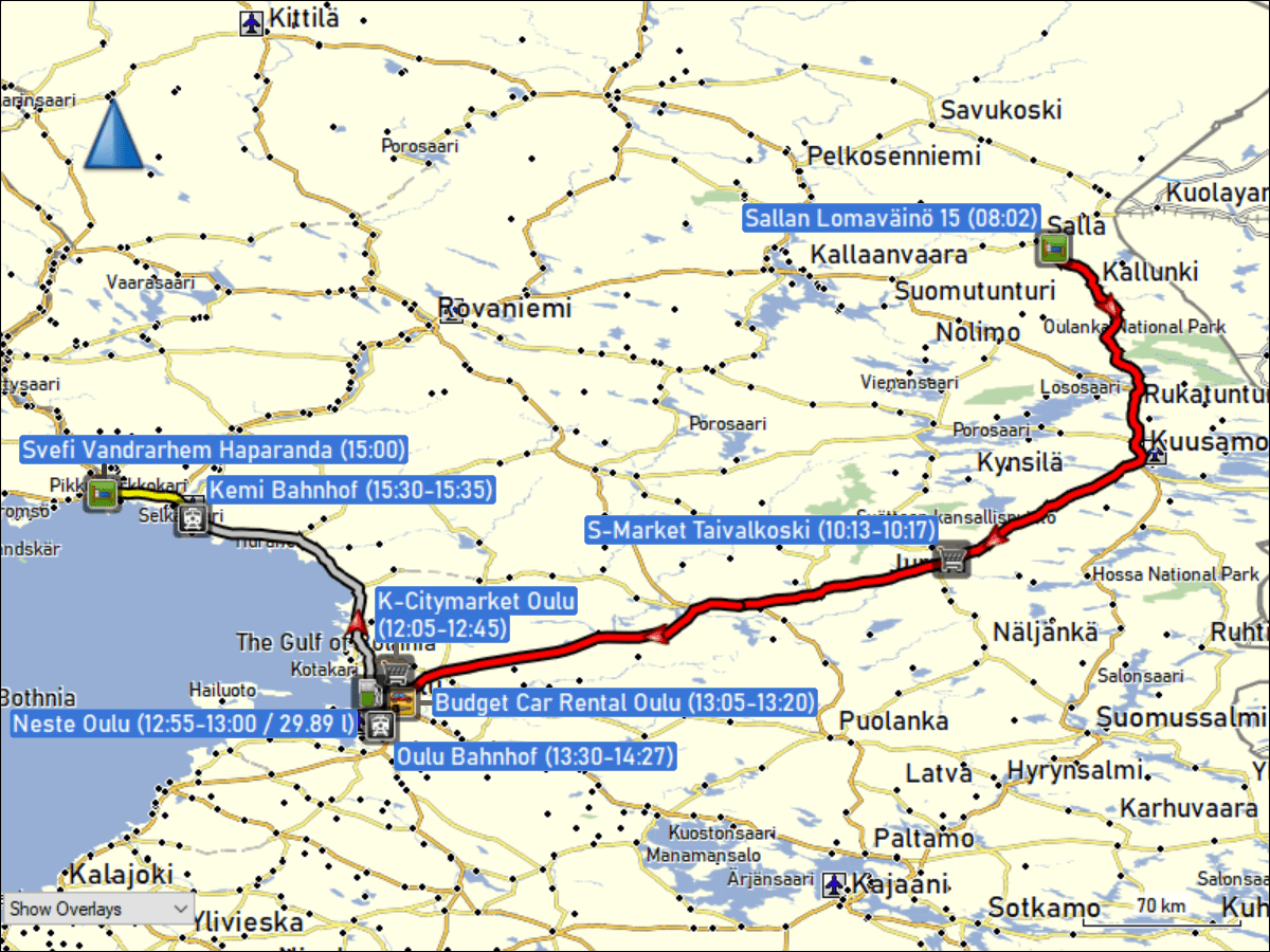 wegstrecke der fahrt von der unterkunft sallan lomavaeinoe 15 bei salla zu budget car rental in oulu, fahrt mit dem zug von oulu nach kemi sowie fahrt mit dem taxi vom bahnhof kemi zur unterkunft svefi vandrarhem in haparanda