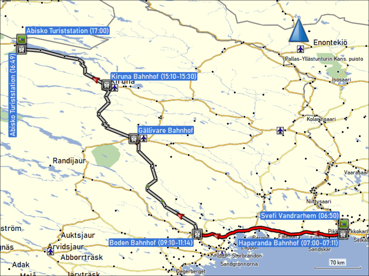 wegstrecke der busfahrt von haparanda nach boden sowie der zugfahrt von boden nach abisko