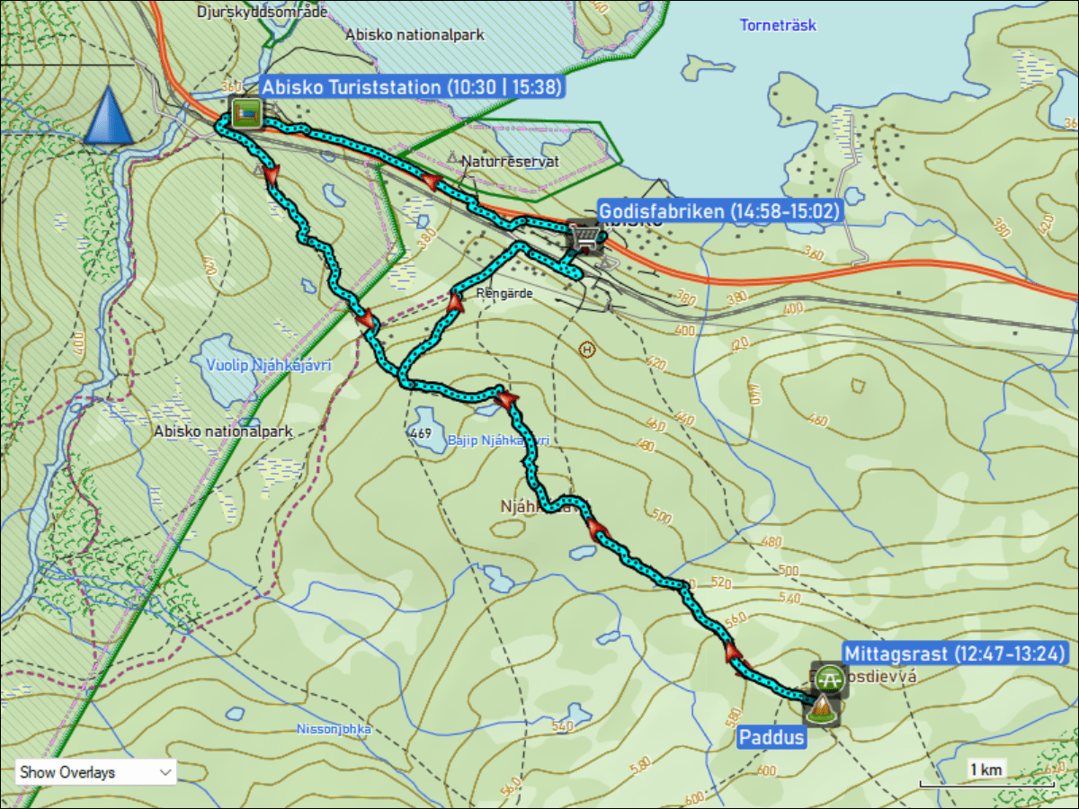 wegstrecke waldskilaufen von der abisko turiststation auf den paddus und zurueck via abisko oestra