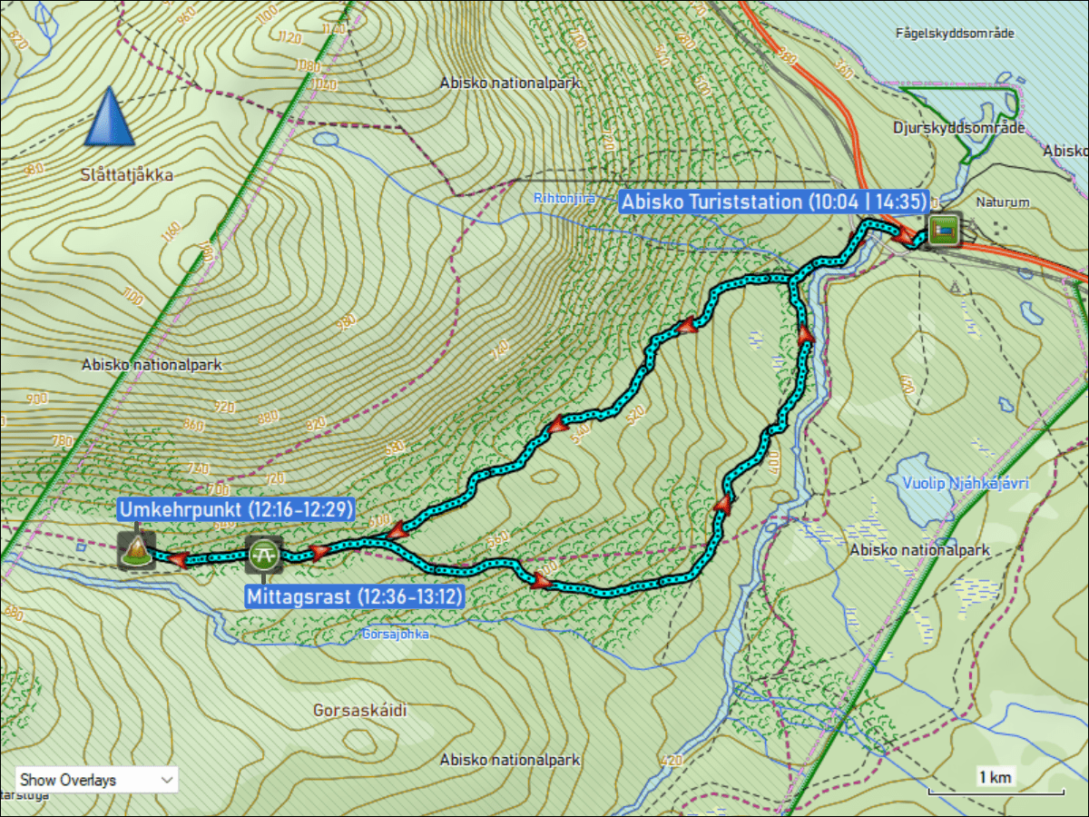 wegstrecke waldskilaufen von der abisko turiststation richtung karsavaggestugan und zurueck