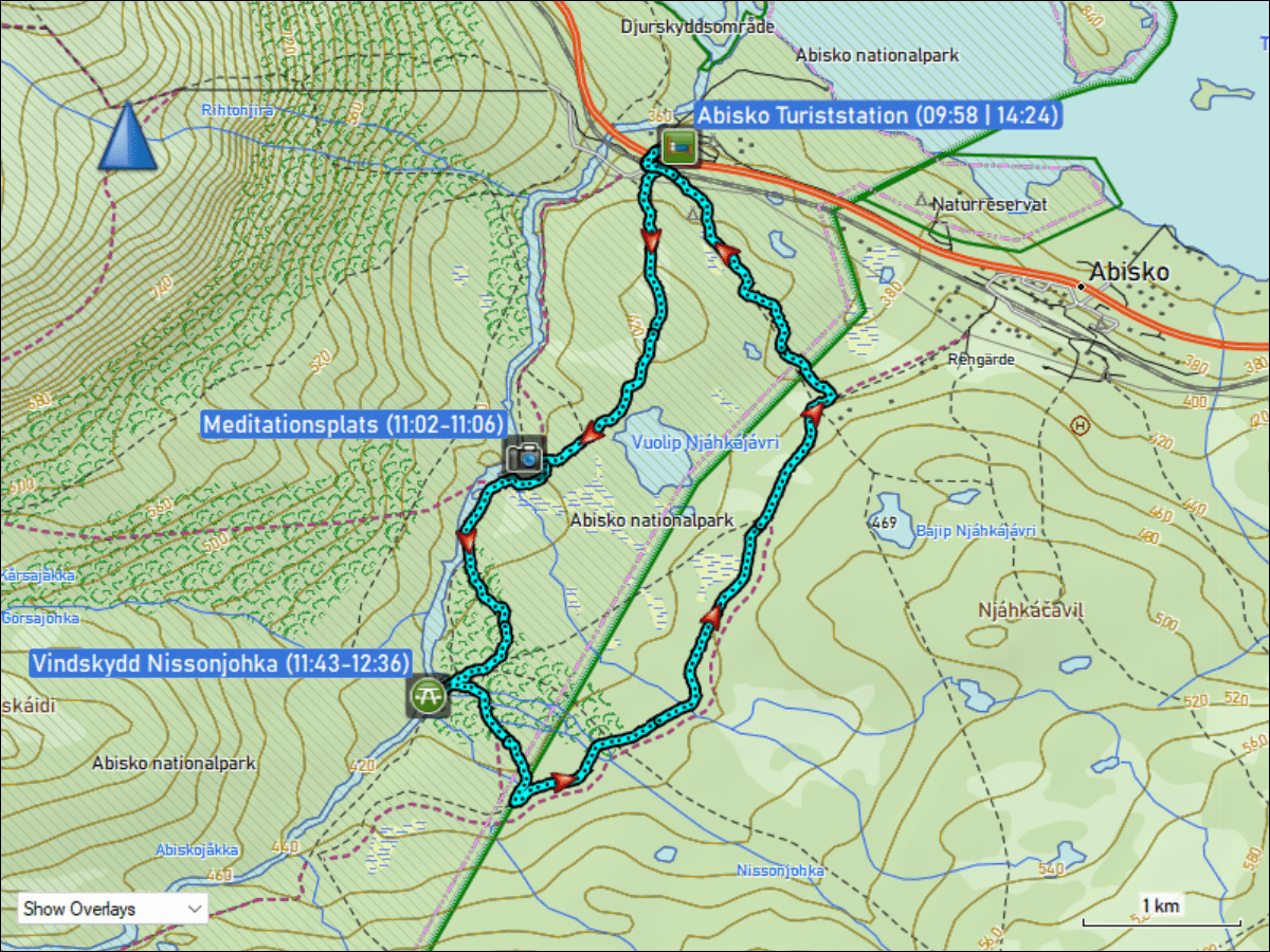 wegstrecke waldskilaufen von der abisko turiststation zum windschutz nissonjohka und zurueck