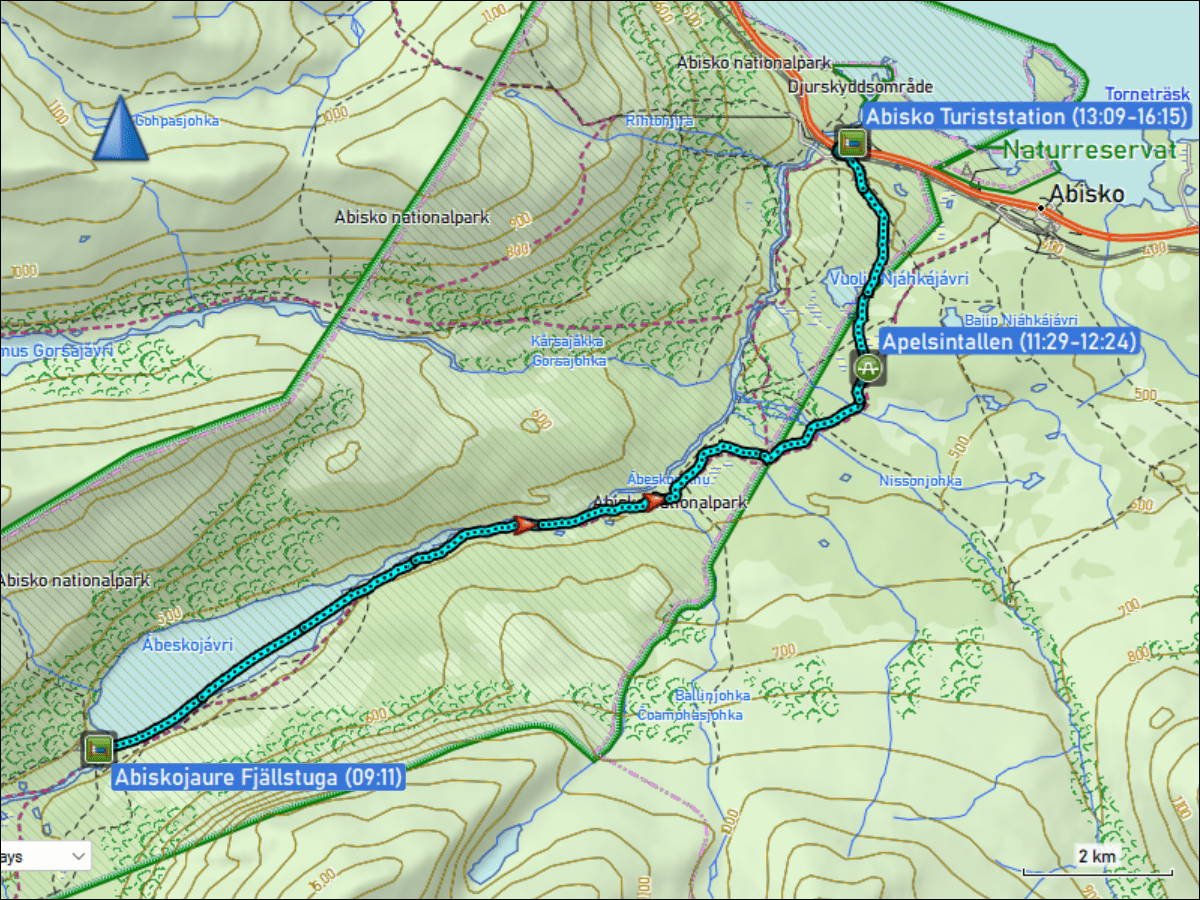 wegstrecke waldskilaufen von der abiskojaure fjaellstuga zur abisko turiststation