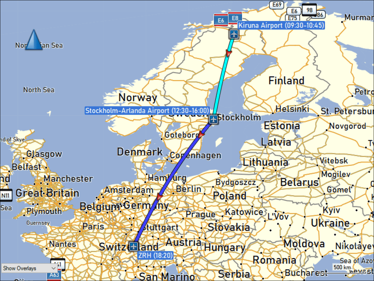 wegstrecke der fluege von kiruna nach stockholm und von stockholm nach zuerich