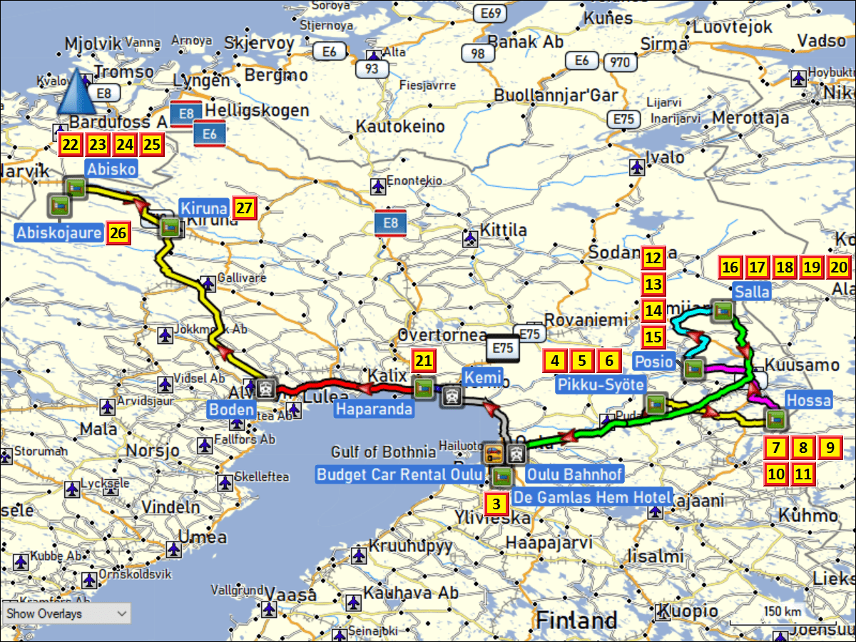 zurueckgelegte wegstrecken in schweden und finnland mit tageszielen